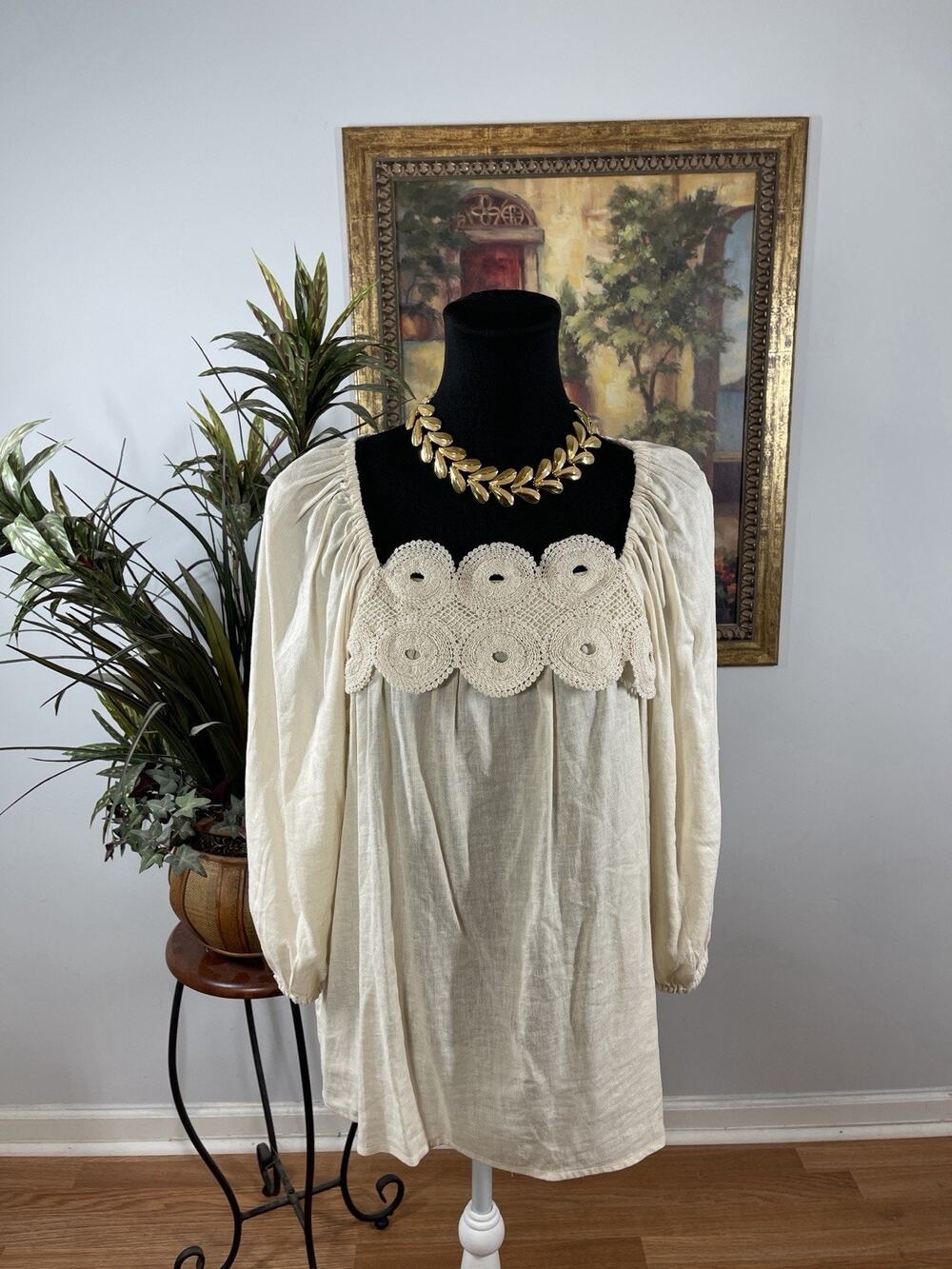 Cato Medium Ivory Linen Blend Peasant Tunic Top Crochet Lace Boho Cottagecore